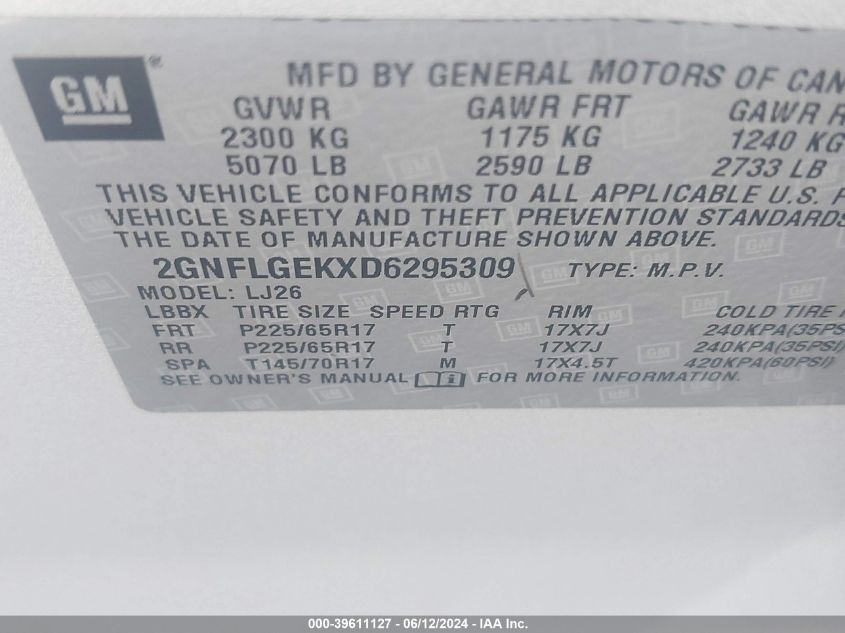 2013 Chevrolet Equinox Ltz VIN: 2GNFLGEKXD6295309 Lot: 39611127