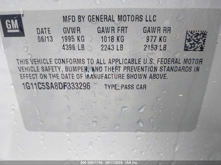 2013 Chevrolet Malibu 1Lt VIN: 1G11C5SA8DF333296 Lot: 39611136