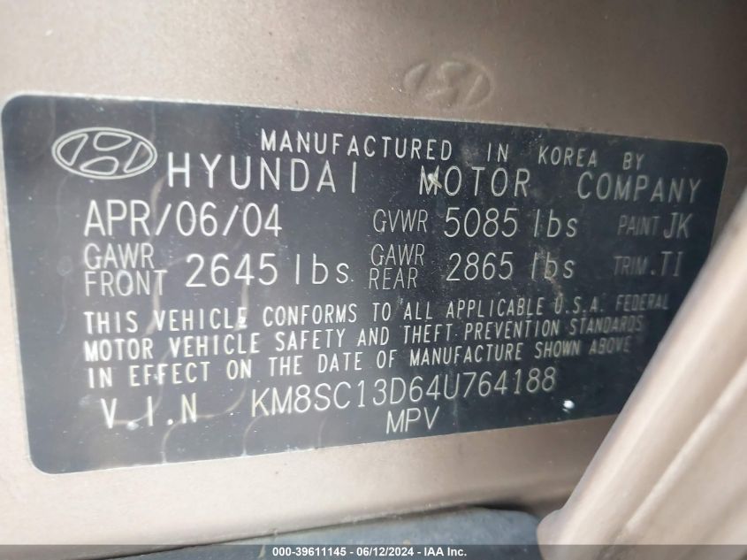 2004 Hyundai Santa Fe Gls VIN: KM8SC13D64U764188 Lot: 39611145