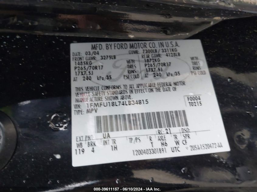 2004 Ford Expedition Eddie Bauer VIN: 1FMFU18L74LB34815 Lot: 39611157