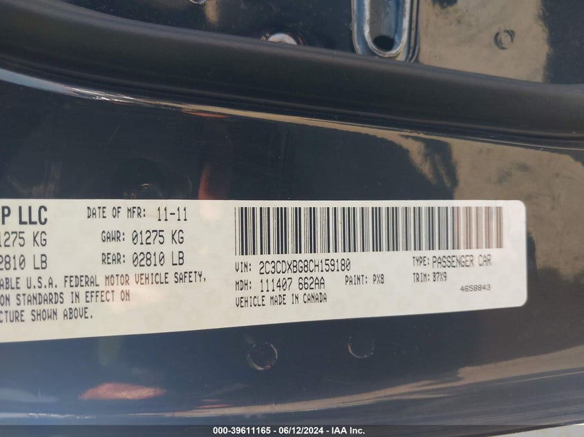 2012 Dodge Charger Se VIN: 2C3CDXBG8CH159180 Lot: 39611165