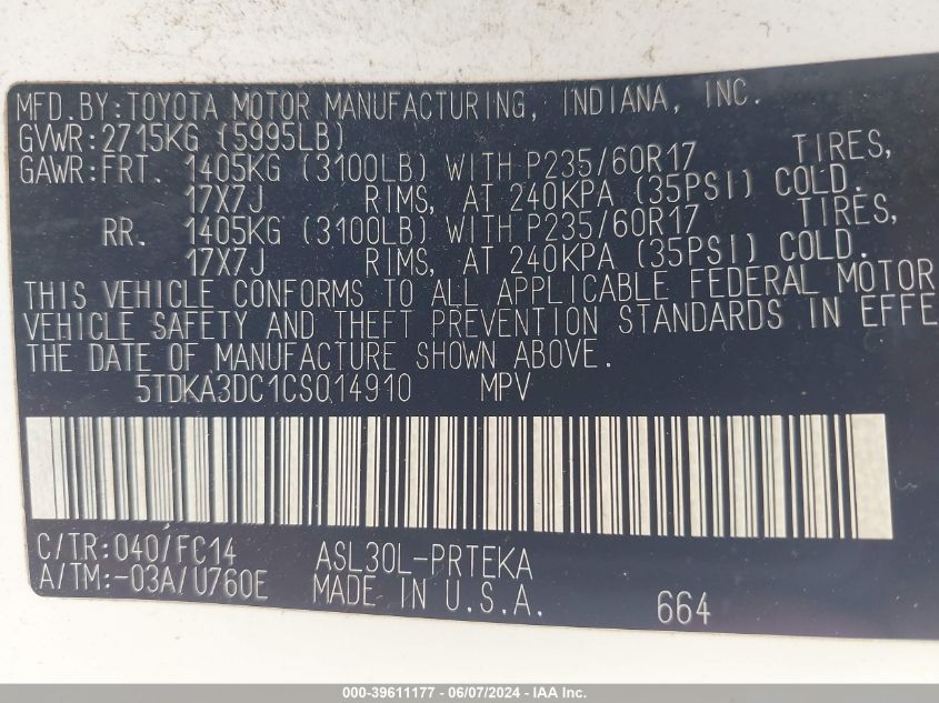 2012 Toyota Sienna Le 8 Passenger VIN: 5TDKA3DC1CS014910 Lot: 39611177