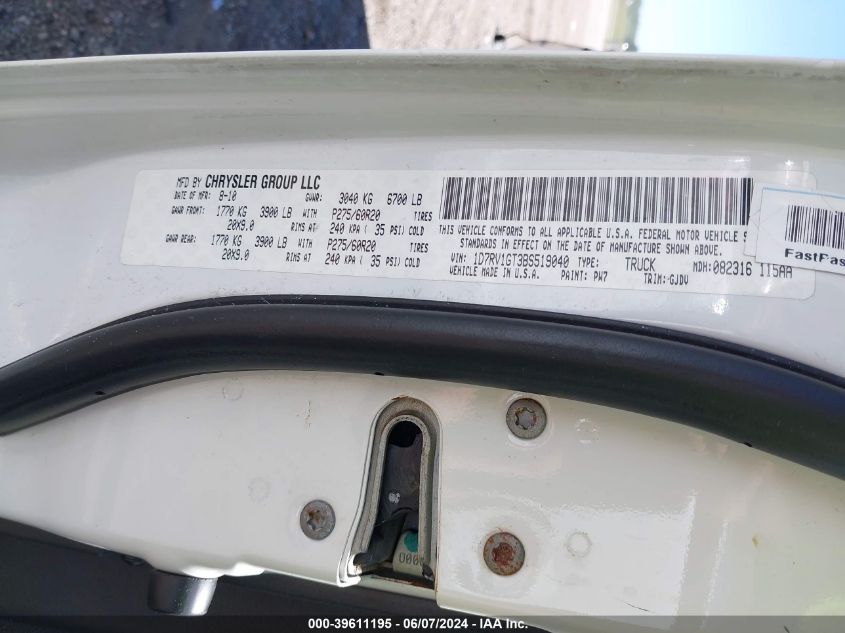 2011 Ram Ram 1500 Laramie VIN: 1D7RV1GT3BS519040 Lot: 39611195