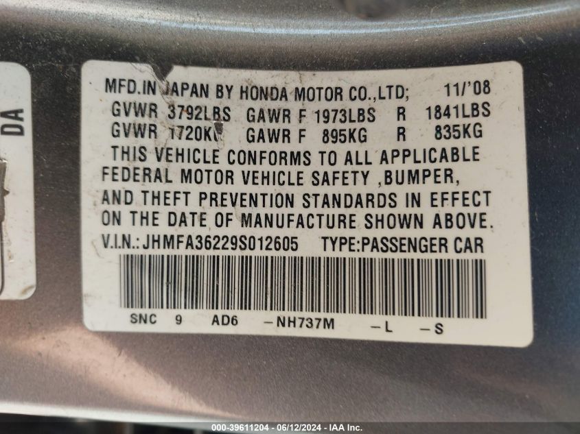 2009 Honda Civic Hybrid VIN: JHMFA36229S012605 Lot: 39611204