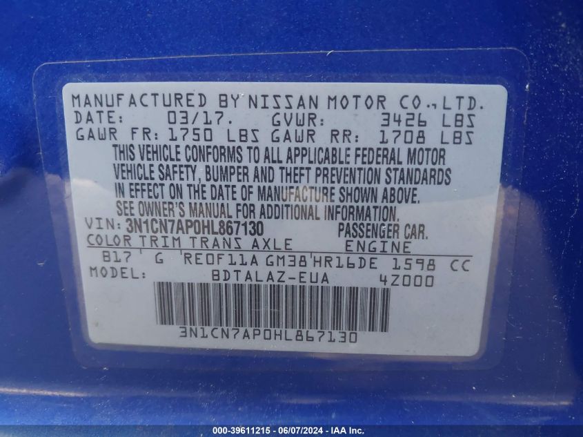 3N1CN7AP0HL867130 2017 Nissan Versa 1.6 S+