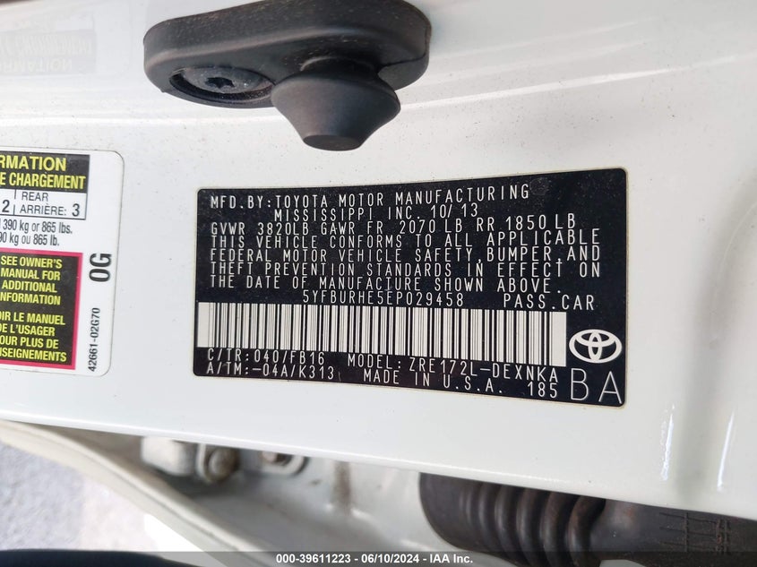 2014 Toyota Corolla L/Le/Le Plus/Le Premium/S/S Plus/S Premium VIN: 5YFBURHE5EP029458 Lot: 39611223