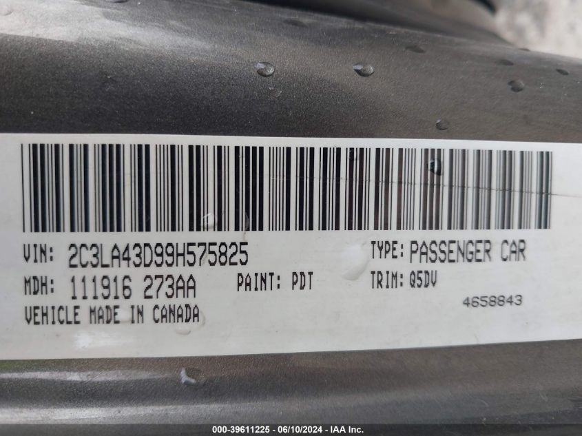 2009 Chrysler 300 Lx VIN: 2C3LA43D99H575825 Lot: 39611225