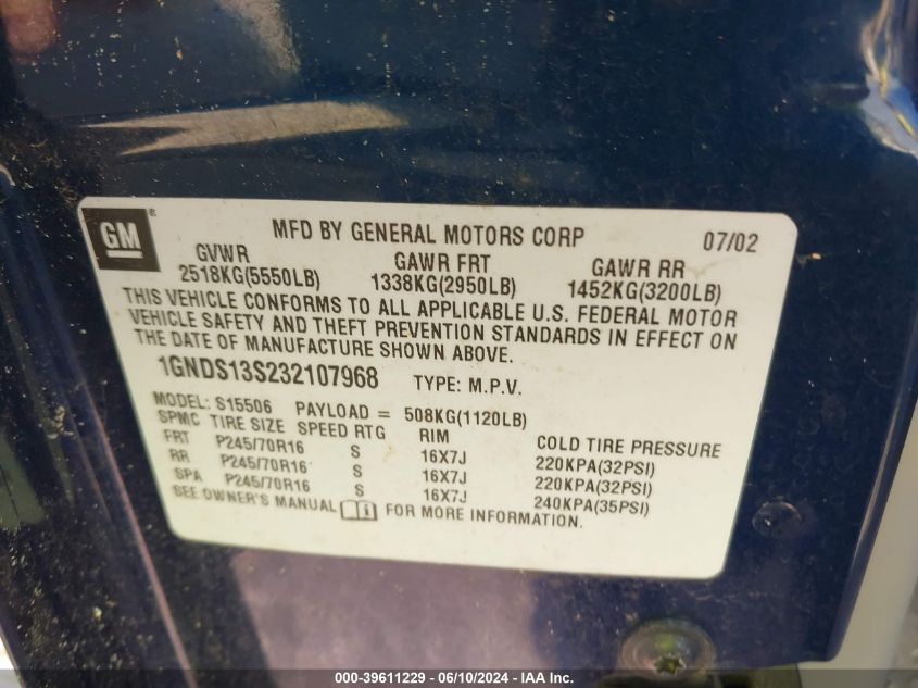 2003 Chevrolet Trailblazer Ls VIN: 1GNDS13S232107968 Lot: 39611229