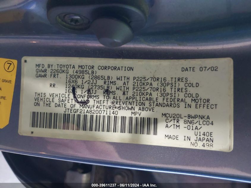 2002 Toyota Highlander Limited V6 VIN: JTEGF21A820071140 Lot: 39611237