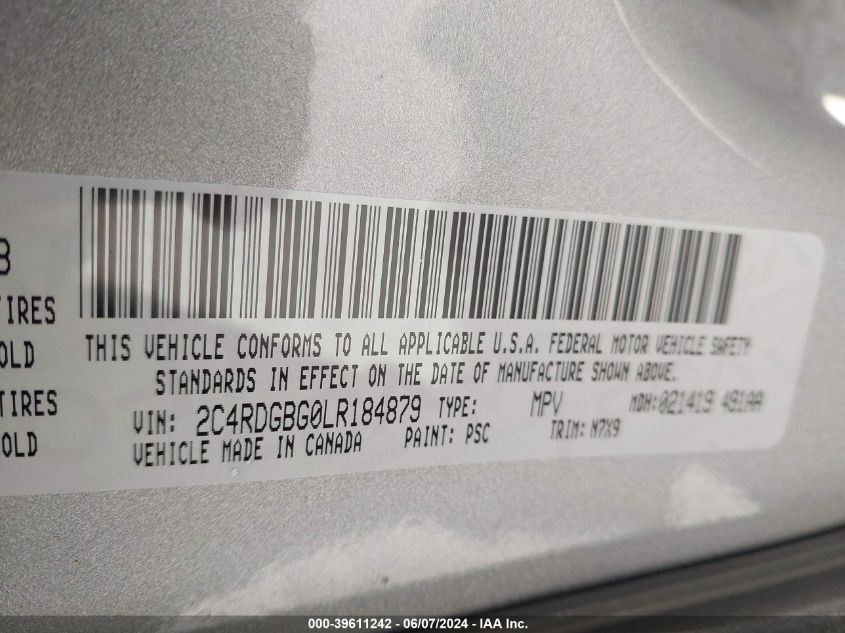 2020 Dodge Grand Caravan Se Plus VIN: 2C4RDGBG0LR184879 Lot: 39611242