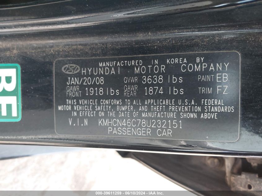 2008 Hyundai Accent Gls VIN: KMHCN46C78U232151 Lot: 39611259