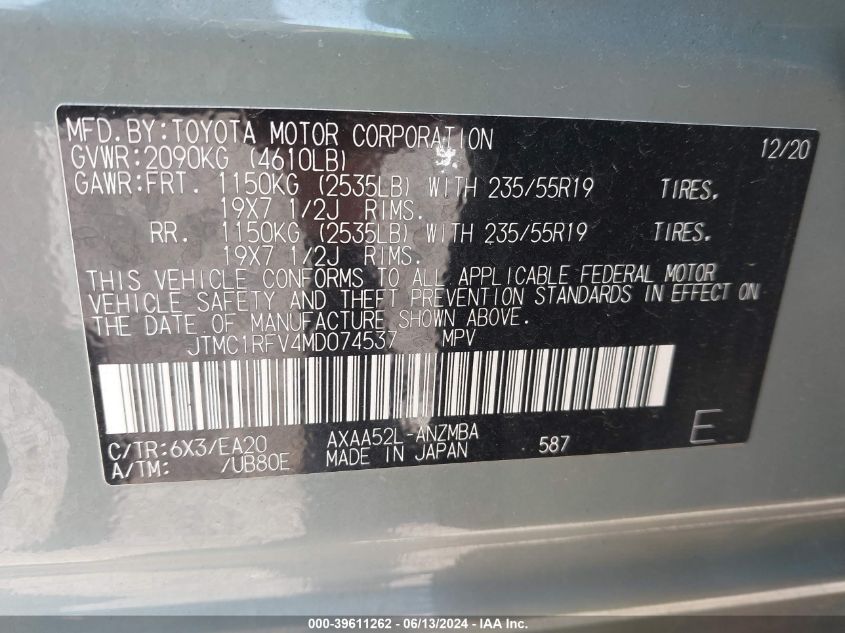 2021 Toyota Rav4 Xle Premium VIN: JTMC1RFV4MD074537 Lot: 39611262
