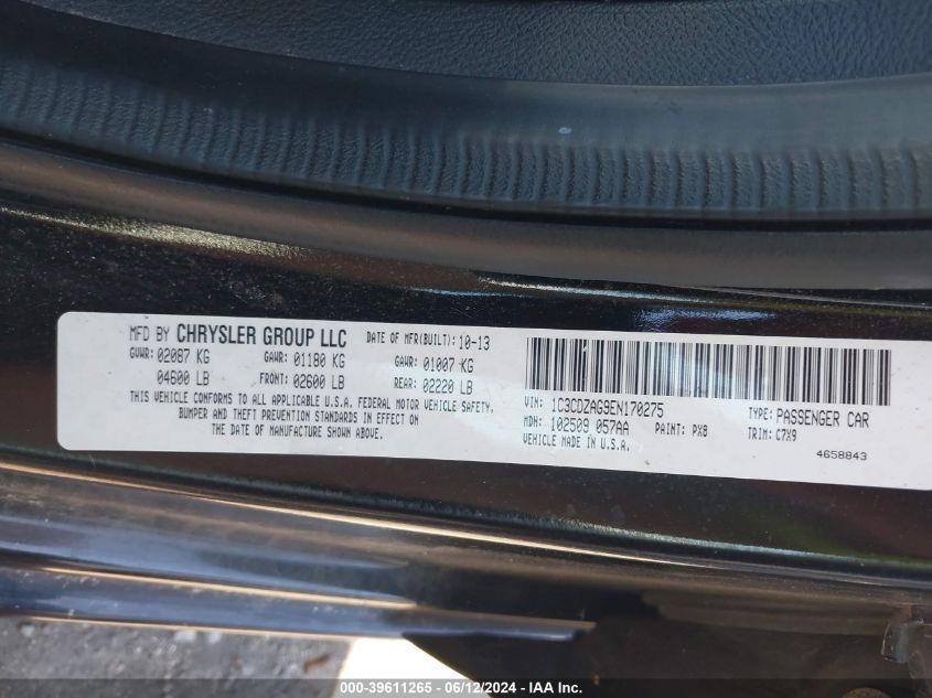 2014 Dodge Avenger Se VIN: 1C3CDZAG9EN170275 Lot: 39611265