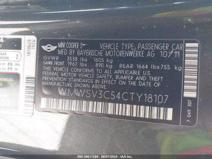 2012 Mini Cooper S VIN: WMWSV3C54CTY18107 Lot: 39611269