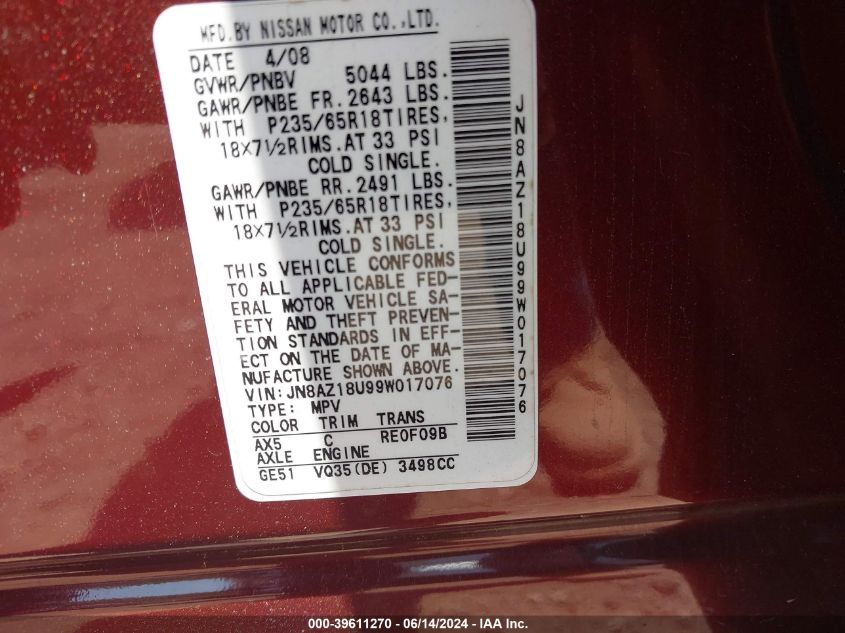 2009 Nissan Murano Sl VIN: JN8AZ18U99W017076 Lot: 39611270