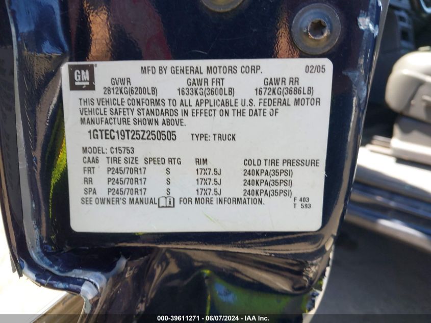 2005 GMC Sierra 1500 Slt VIN: 1GTEC19T25Z250505 Lot: 39611271