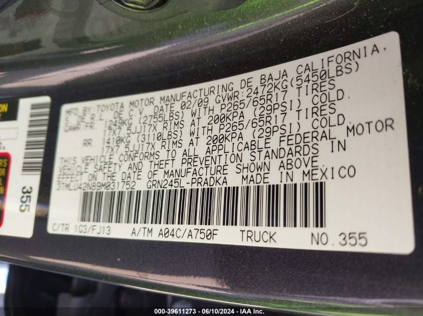 2009 Toyota Tacoma Base V6 VIN: 3TMLU42N89M031752 Lot: 39611273