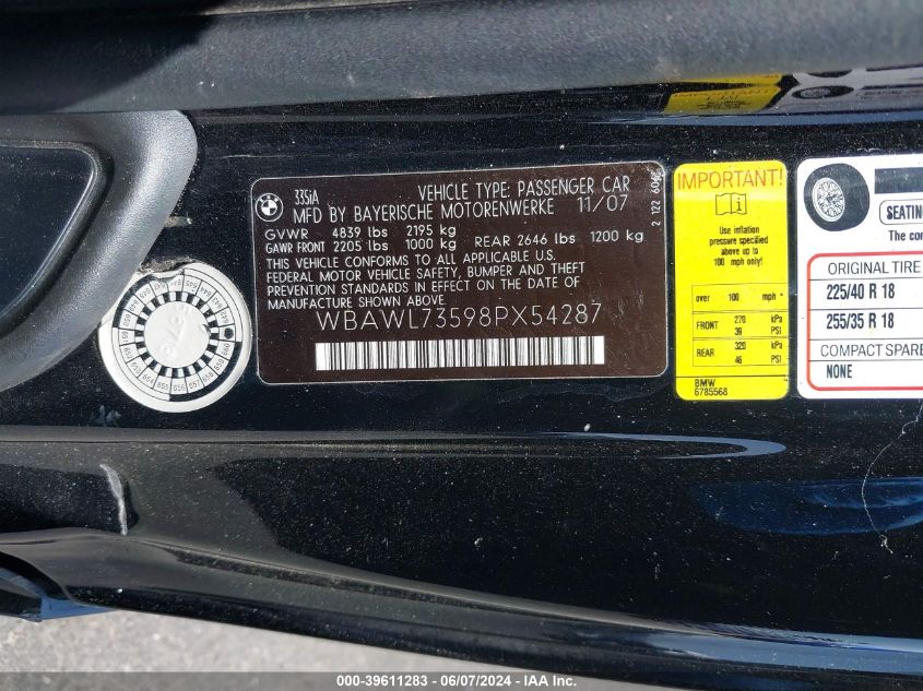 2008 BMW 335I VIN: WBAWL73598PX54287 Lot: 39611283