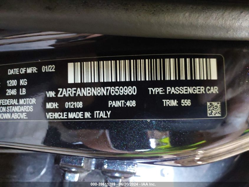 2022 Alfa Romeo Giulia Super/Super Sport VIN: ZARFANBN8N7659980 Lot: 39611289