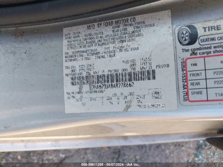 2010 Ford Fusion Sel VIN: 3FAHP0JA8AR278660 Lot: 39611288