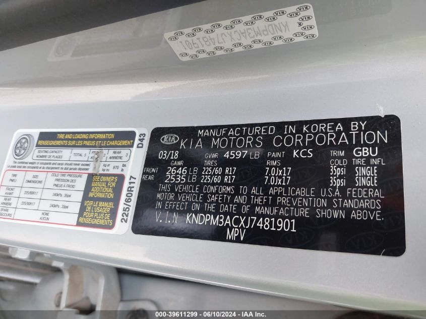 2018 Kia Sportage Lx VIN: KNDPM3ACXJ7481901 Lot: 39611299
