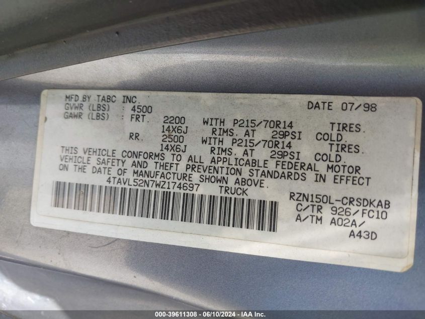 1998 Toyota Tacoma VIN: 4TAVL52N7WZ174697 Lot: 39611308