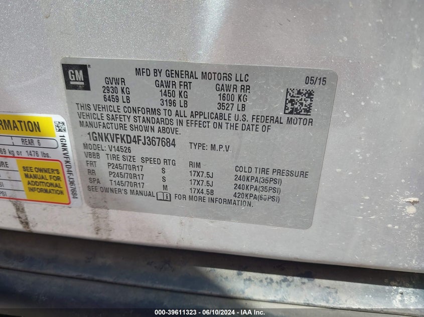 2015 Chevrolet Traverse Ls VIN: 1GNKVFKD4FJ367684 Lot: 39611323