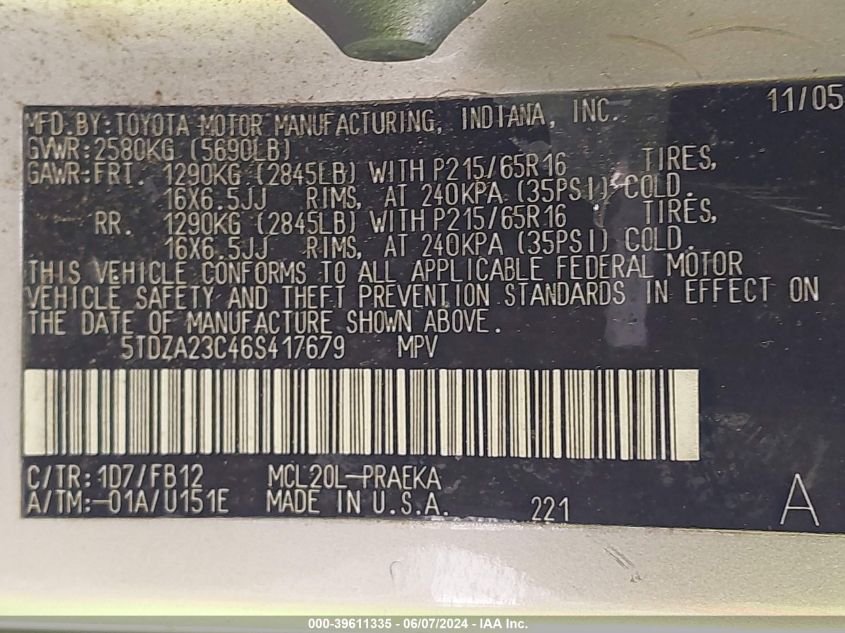 2006 Toyota Sienna Ce VIN: 5TDZA23C46S417679 Lot: 39611335