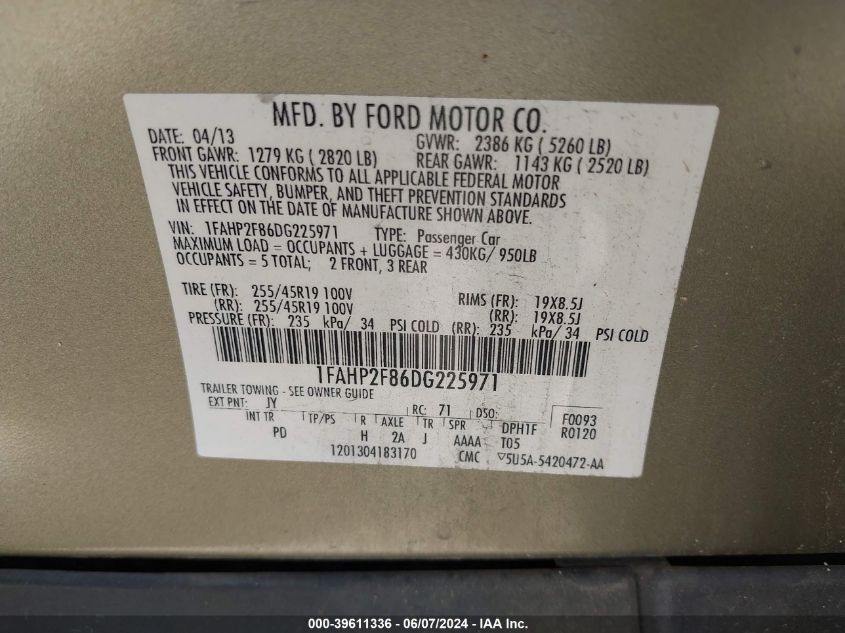 2013 Ford Taurus Limited VIN: 1FAHP2F86DG225971 Lot: 39611336