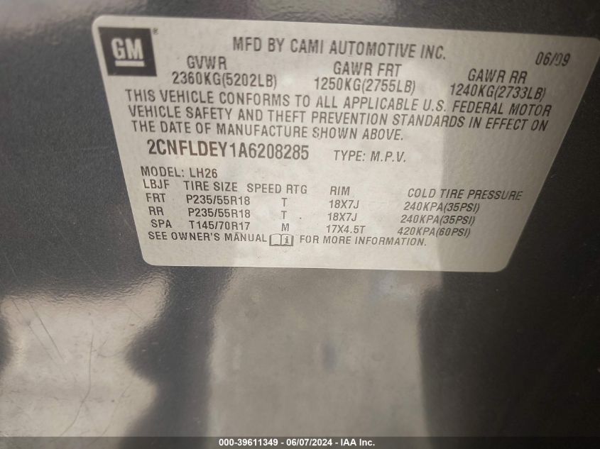 2010 Chevrolet Equinox Lt VIN: 2CNFLDEY1A6208285 Lot: 39611349