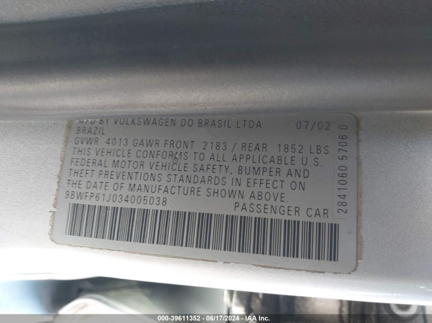 2003 Volkswagen Golf Gl Tdi VIN: 9BWFP61J034005038 Lot: 39611352