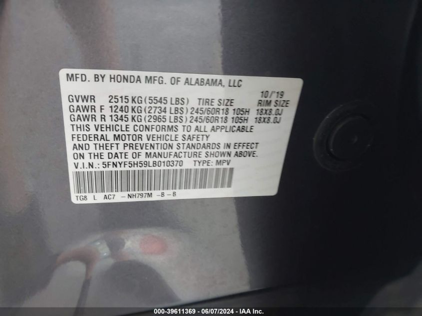 2020 Honda Pilot 2Wd Ex-L VIN: 5FNYF5H59LB010370 Lot: 39611369