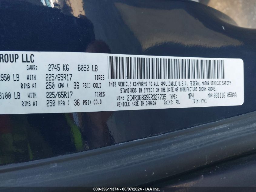 2014 Dodge Grand Caravan American Value Pkg VIN: 2C4RDGBG9ER327735 Lot: 39611374