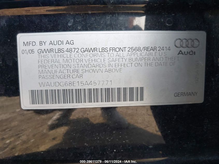 2005 Audi A4 3.2 VIN: WAUDG68E15A457771 Lot: 39611379