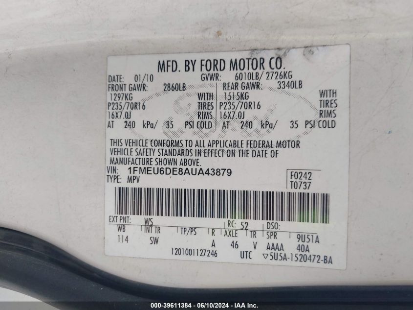 2010 Ford Explorer Xlt VIN: 1FMEU6DE8AUA43879 Lot: 39611384