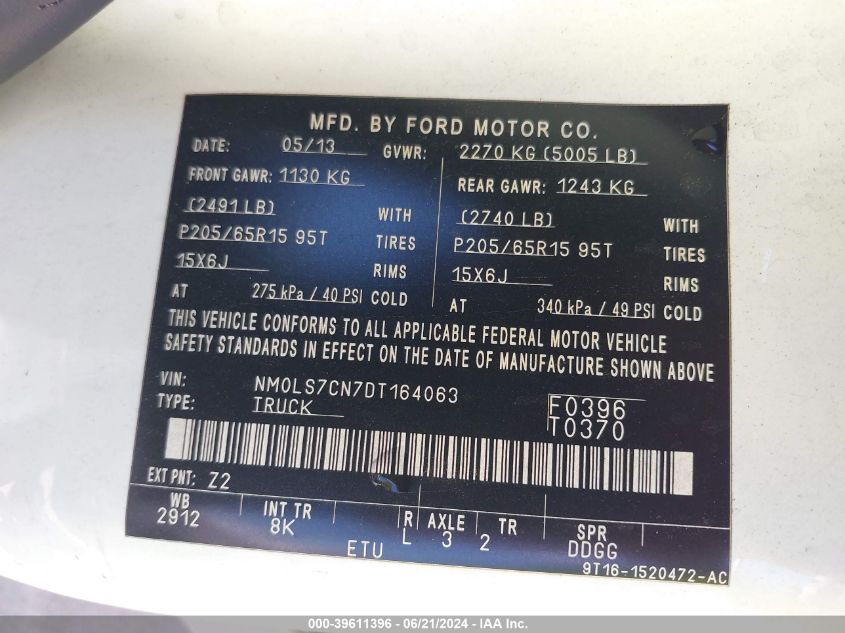 2013 Ford Transit Connect Xl VIN: NM0LS7CN7DT164063 Lot: 39611396