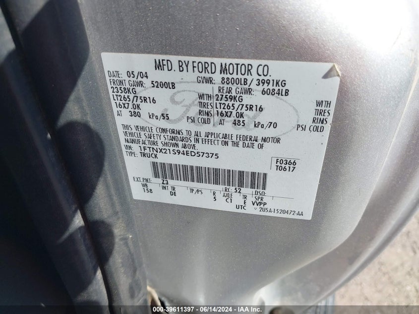 2004 Ford F-250 Lariat/Xl/Xlt VIN: 1FTNX21S94ED57375 Lot: 39611397