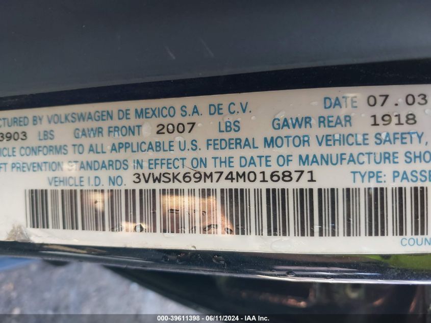 2004 Volkswagen Jetta Gls 2.0L VIN: 3VWSK69M74M016871 Lot: 39611398