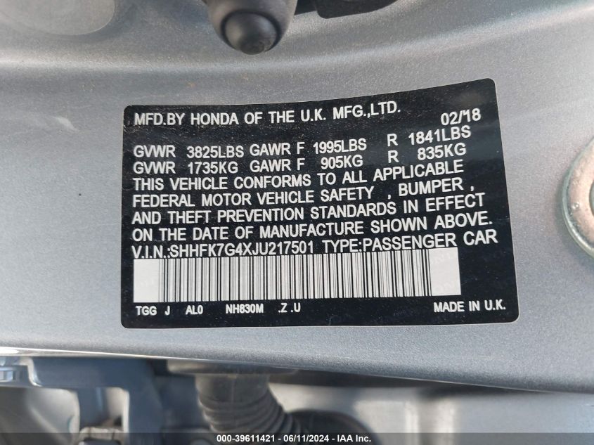 2018 Honda Civic Sport VIN: SHHFK7G4XJU217501 Lot: 39611421