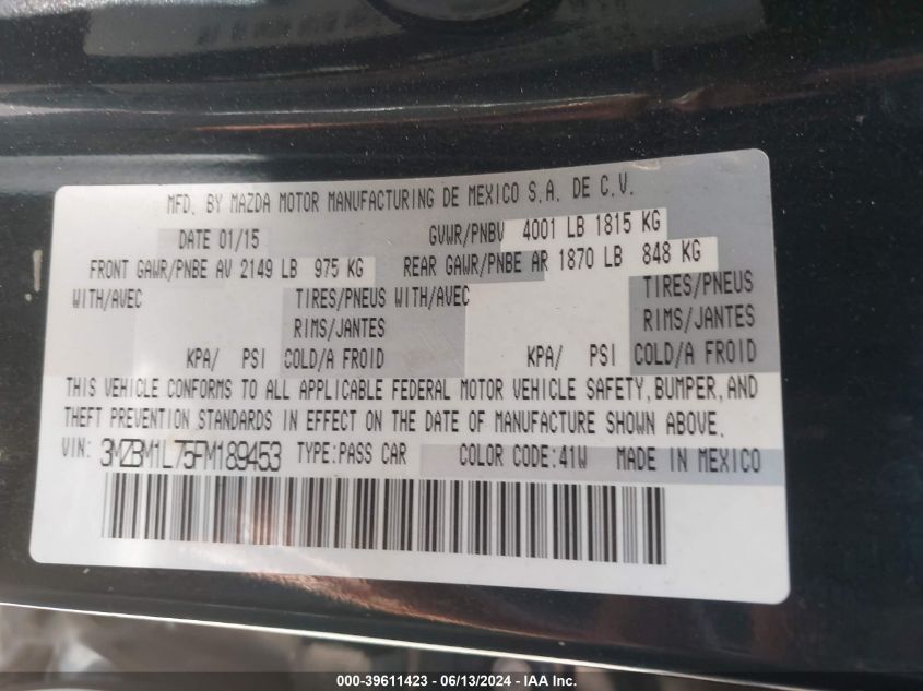 2015 Mazda Mazda3 I Touring VIN: 3MZBM1L75FM189453 Lot: 39611423