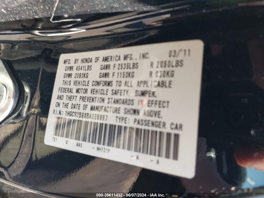 2011 Honda Accord 3.5 Ex-L VIN: 1HGCS2B8XBA006697 Lot: 39611432