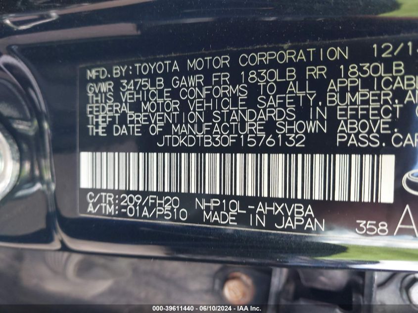 2015 Toyota Prius C One VIN: JTDKDTB30F1576132 Lot: 39611440