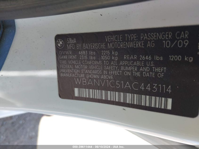 2010 BMW 528I xDrive VIN: WBANV1C51AC443114 Lot: 39611444