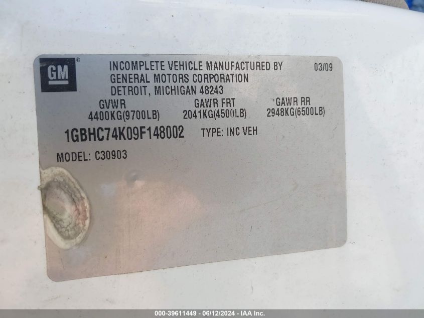 2009 Chevrolet Silverado 3500Hd Work Truck VIN: 1GBHC74K09F148002 Lot: 39611449