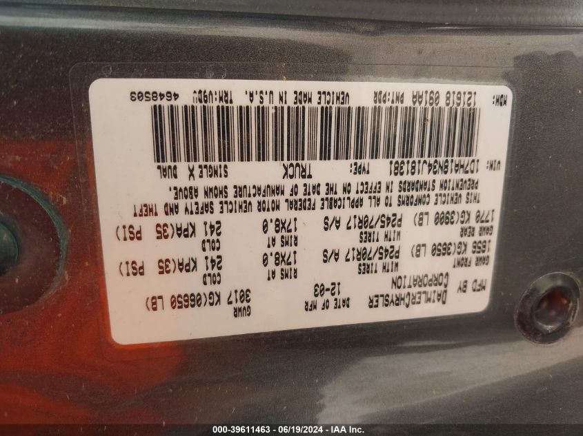 2004 Dodge Ram 1500 Slt/Laramie VIN: 1D7HA18N34J181381 Lot: 39611463