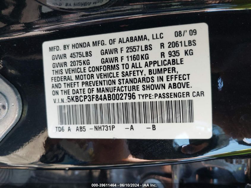 2010 Honda Accord 3.5 Ex-L VIN: 5KBCP3F84AB002796 Lot: 39611464