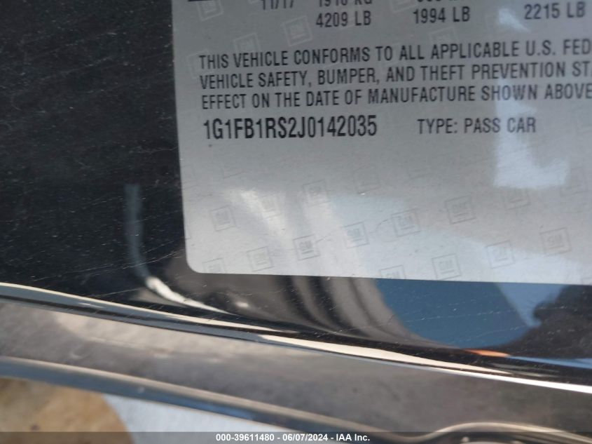 2018 Chevrolet Camaro 1Lt VIN: 1G1FB1RS2J0142035 Lot: 39611480