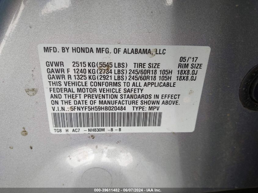 2017 Honda Pilot Ex-L VIN: 5FNYF5H59HB020484 Lot: 39611482