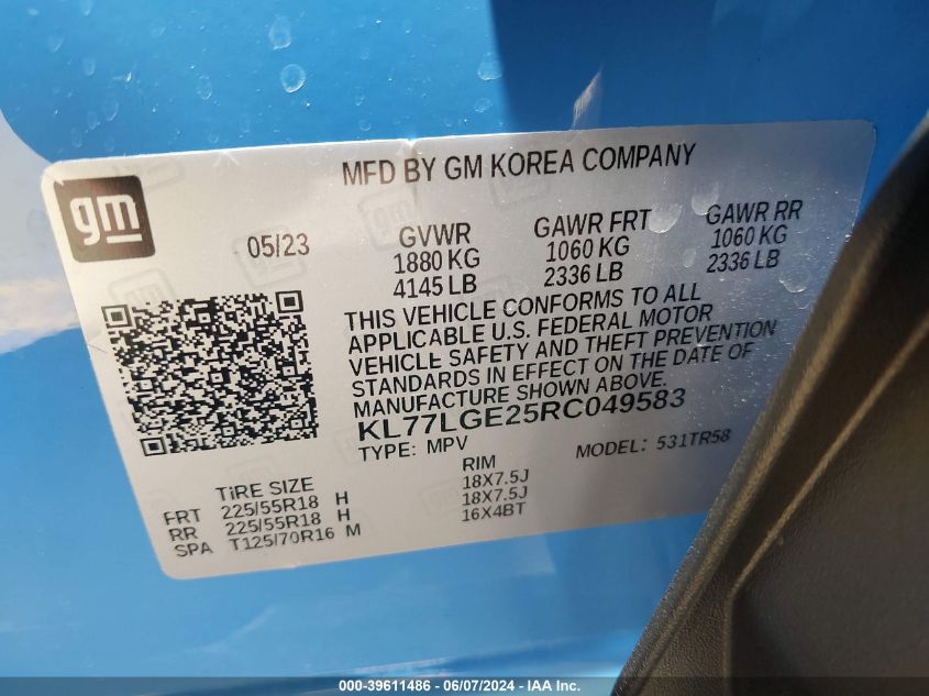 2024 Chevrolet Trax Fwd 1Rs VIN: KL77LGE25RC049583 Lot: 39611486