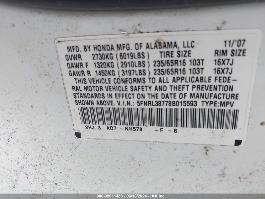 2008 Honda Odyssey Ex-L VIN: 5FNRL38778B015593 Lot: 39611488